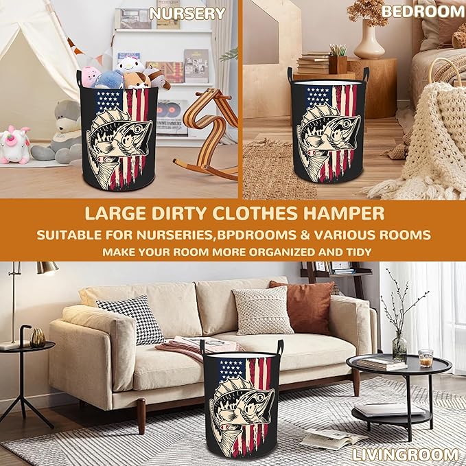 Laundry Basket,American Flag Bass Fish Laundry Hamper Bass Fishing Collapsible Organizer Basket,Toy Storage Bin Room Decor Gift Clothes Baskets,Bedroom Children Nursery Hamper 16x20 Inch