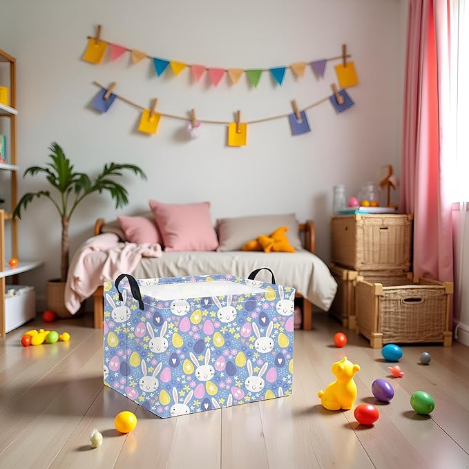 Rectangular Storage Basket for Kids & Baby - Cute & Functional Toy Storage Bin, Organizer, Shelf or Book Basket - Easter Room Decor with Flower & Easter Egg Design