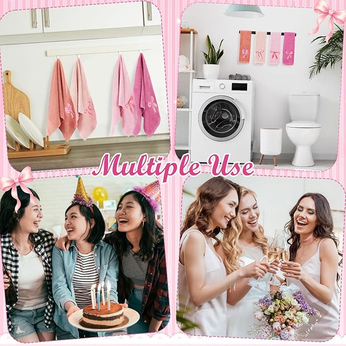 4 PCS Pink Bow Hand Towels Set 29" x 13" Coquette Bow Embroidered Decorative Towel Absorbent Kitchen Bath Preppy Decor for Hand Drying Bridal Shower Wedding Gift