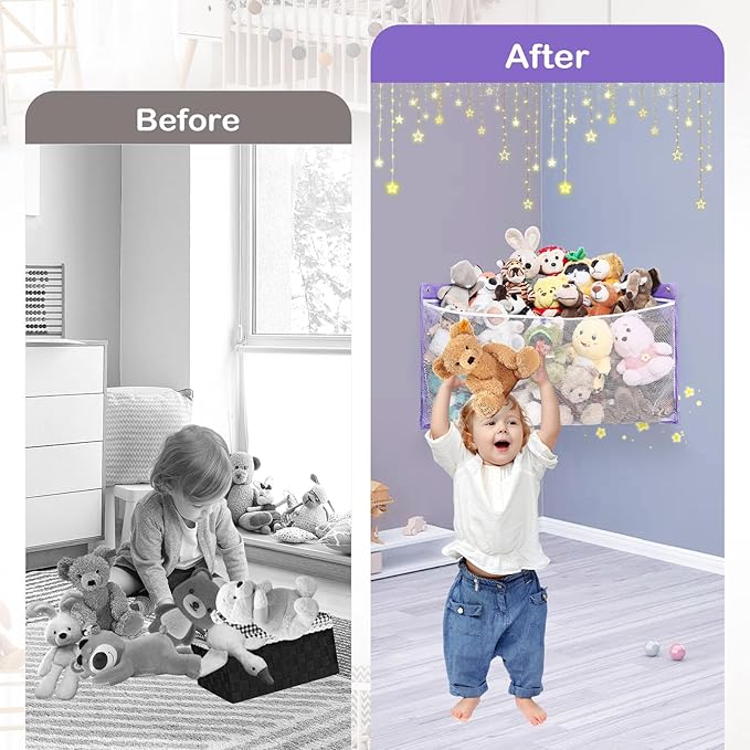 ANROYE Large Corner Stuffed Animal Storage, Kids Plushies Toy Purple Wall Hammock for Girls Room, Baby Squishmallow Holder for Nursery, Organizer Idea for Bear Hanging Display Boy Gift