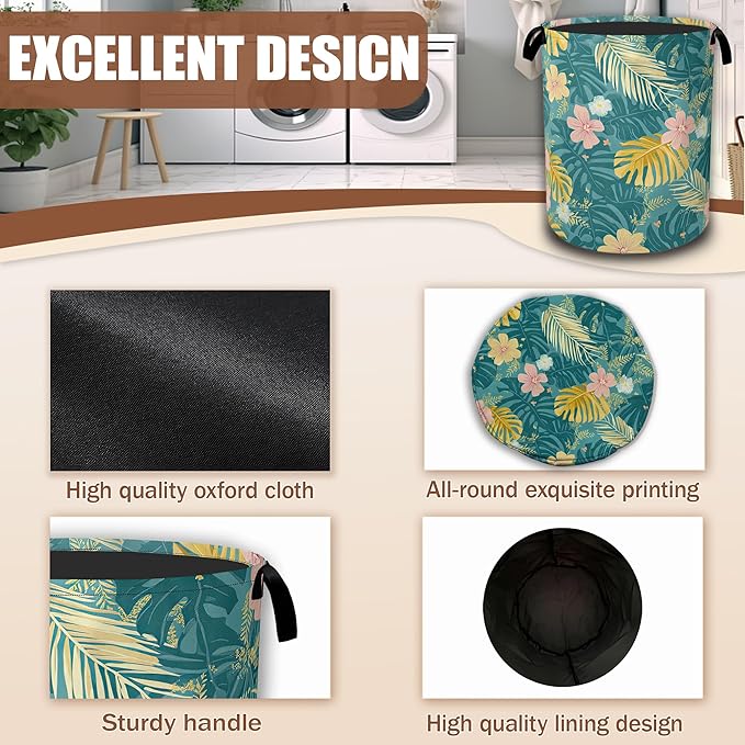 Hawaiian Laundry Hamper, Tropical Palm Leaves Collapsible Laundry Baskets Waterproof Oxford Cloth With Handles,Clothes Storage Bucket Toy Organizer For Bathroom/Nursery/Bedroom 16" x 20.8"