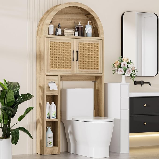 Over The Toilet Storage Cabinet, Over Toilet Bathroom Organizer with Rattan Doors, Arched Storage Organizer Cabinet with Anti-Tip Device and Adjustable Shelf for Bathroom, Natural