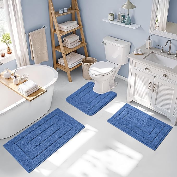 GRANNY SAYS Bathroom Rugs Sets 3 Piece, Soft Absorbent Microfiber Bath Mats for Bathroom Non Slip Washable, U-Shaped Toilet Bath Rugs for Tub Shower (Blue, 16" x 24" + 20" x 32" + U Shaped 20" x 24")