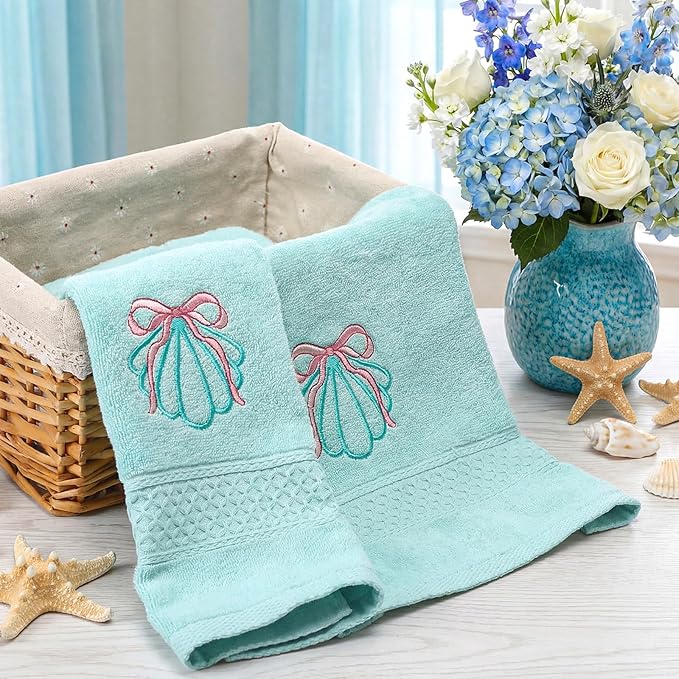 2 Pcs Shell Hand Towels Mint Blue Bathroom Decor 14x29 Inch Embroidered 100% Cotton Soft Absorbent Beach Summer Decorative Hand Towels for Bathroom Kitchen