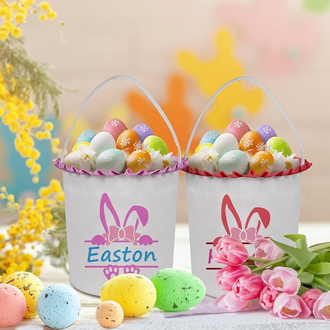 Easter Baskets for Girls Boys, Personalized Easter Basket with Name - Pink Bow Bunny