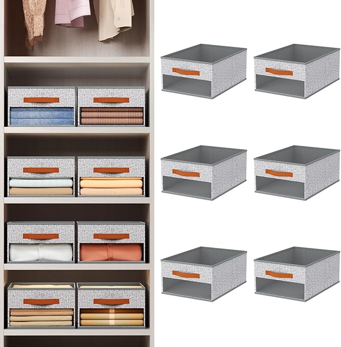 Closet Organizers and Storage - 6 Pack Storage Bins Baskets for Organization Foldable Closet Organizer with Clear Window & Handles for Clothes, Toys, Towels, Small Essential (Ant Light Gray)