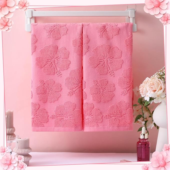 2 Pcs Floral Hibiscus Hand Towels for Bathroom Pink Hibiscus 100% Cotton Jacquard Weave Bath Towel Set Soft Absorbent Dish Washcloth for Bathroom Kitchen Summer Theme Gifts 13.8 x 29.5