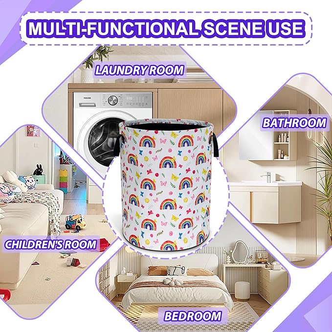 Rainbow Butterfly Laundry Basket Cartoon Oxford Cloth Laundry Hamper Funny With Handle Foldable Portable Clothes Storage Basket 18.9 X 16.5 In Storage Bag For Laundry Room/Bathroom/Bedroom/Dormitories