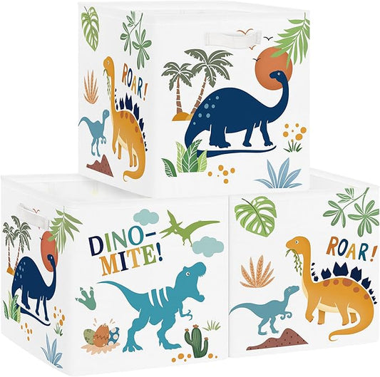 Clastyle 3 pcs Dinosaur Cube Storage Unit Boxes Volcano Kallax Box for Shelves Parents Storage Baskets for Book Clothes Toy Organizer, Palms, 11.8x11.8x11.8 in