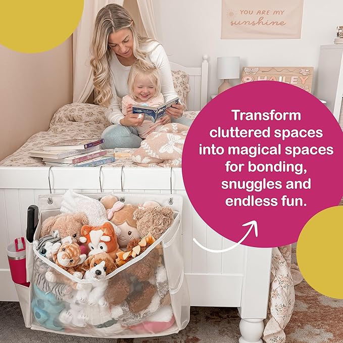 Stuffed Animal Storage | 2 in 1 Bedside and Over the Door Stuffed Animal Organizer | Space-saving Stuffy Holder with Extra Pockets | Kids Toys Hanging Plushie Holder with Reinforced Sides | Bed caddy