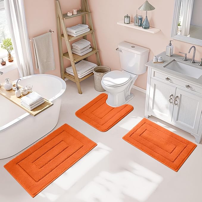 Granny SAYSBathroom Rugs Sets 3 Piece, Soft Absorbent Microfiber Bath Mats for Bathroom Non Slip Washable, U-Shaped Toilet Bath Rugs for Tub Shower(Orange, 16" x 24" + 20" x 32" + U Shaped 20" x 24")