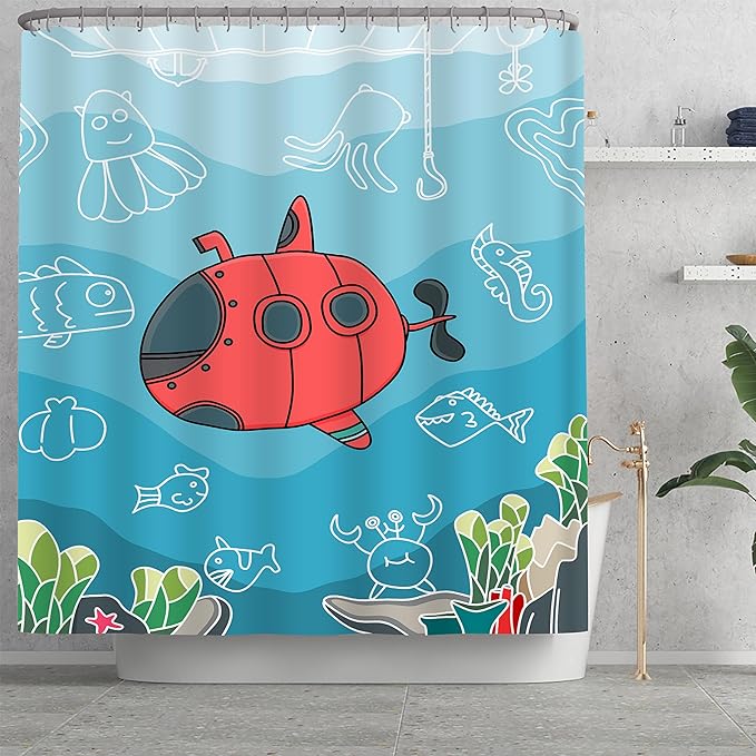 4Pcs Kids Shower Curtain Sets,Boy Bathroom Sets with Waterproof Shower Curtain,Memory Rugs,Non-Slip Rug,Toilet Lid Cover Bath Mat