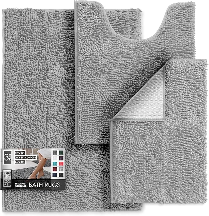 Hearth & Harbor Bathroom Rugs, Chenille Bath Mat - Machine Washable Bath Mats for Bathroom Non-Slip Backing Rubber, Quick Dry Mat - Silver Bath Rug, 17x24-26x44-20x24