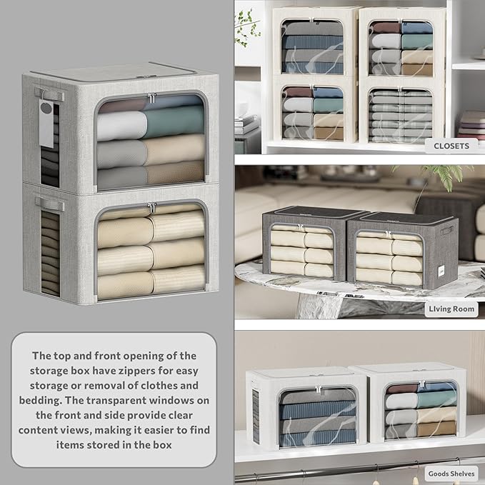 4 Pack Clothes Storage Bins with Metal Frame - 100L Stackable Storage Box with Lid，Foldable Storage Container Organizer for Clothes，Linen Fabric Storage Box with Clear Window＆Zippers＆Handles