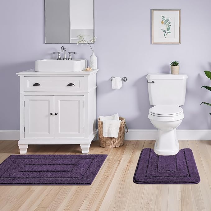 GRANNY SAYS Bathroom Rugs Sets 3 Piece, Soft Absorbent Microfiber Bath Mats for Bathroom Non Slip Washable, U-Shaped Toilet Bath Rugs for Tub Shower (Purple, 16" x 24" + 20" x 32" + 20" x 24")