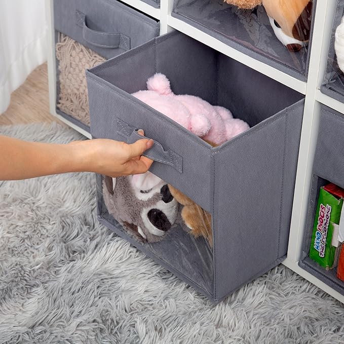 11x11 Large Storage Bins with Clear Window, Set of 6 Storage Cubes, Collapsible Cube Storage Bins, Fabric Closet Organizers with Handles for Home, Office, Closet Shelf Cabinet, Bookcase, Grey