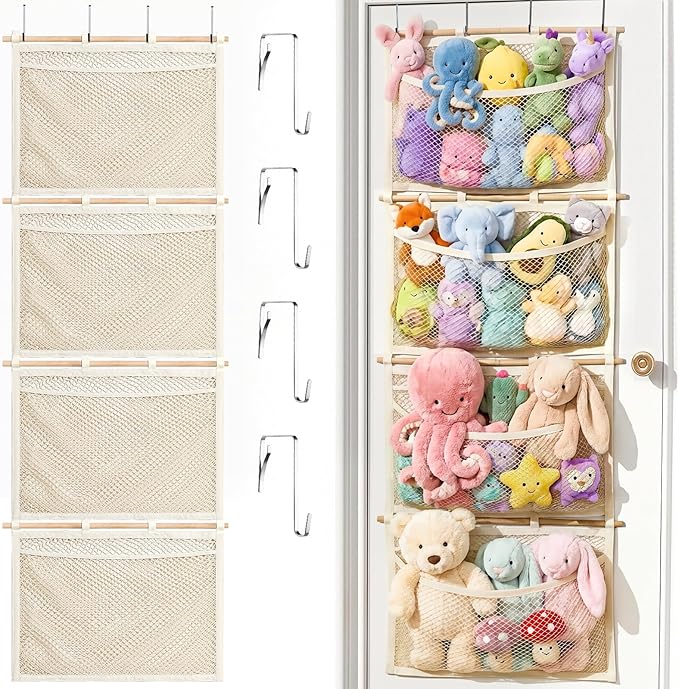 Over Door Large-Capacity Stuffed Animal Storage with Metal Hook & Wooden Stick, Hanging Plush Animal Bear Doll Toy Organizer Net Hammock Behind Door, Boho Nursery Dorm Bedroom Decor for Girl Boy Kid