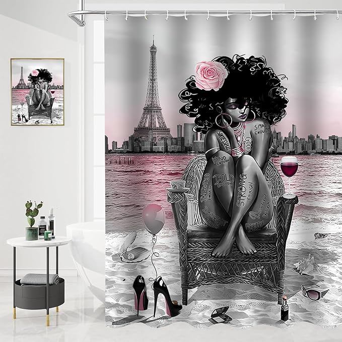 5Pcs Girly Shower Curtain Set with Rugs and Wall Painting, Pink and Black African American Shower Curtain Set, Parisian Style Modern Wall Decor, Bathroom Accessory Set