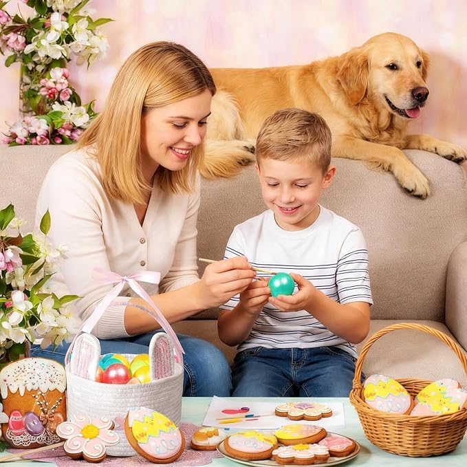 Woven Easter Basket - Cotton Rope Container, Easter Bunny Baskets with Handle for Boys Girls Candy Toys Snacks Party Holiday Spring Festival Gift Basket Kids Adults Decorative Storage Fun