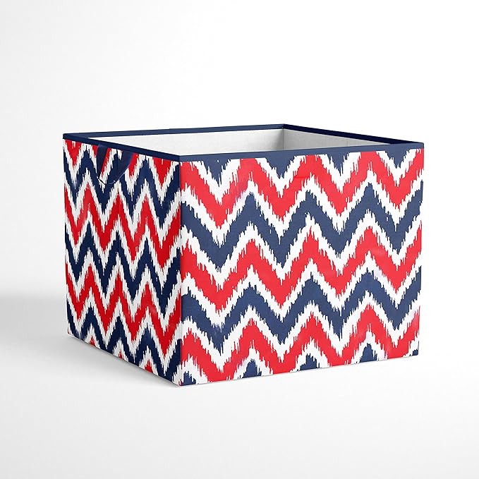 Bacati - Large Storage Tote Mix N Match Ikat Chevron/Dots Navy/Red 14 x 14 x 10 inches