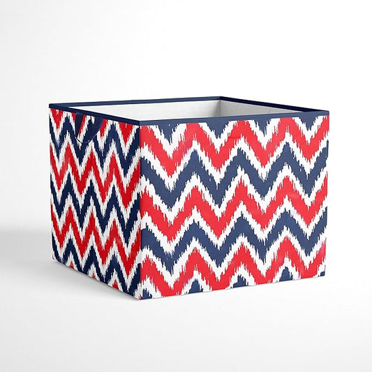 Bacati - Large Storage Tote Mix N Match Ikat Chevron/Dots Navy/Red 14 x 14 x 10 inches