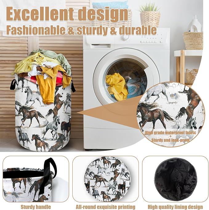 Watercolor Horse Laundry Basket, Foldable Waterproof Laundry Hamper Tote Bag Dirty Clothes Storage Bucket Toy Organizer for Bathroom/Laundry/Bedroom 15.7"x19.6"