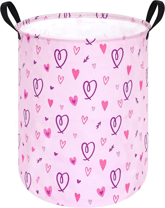 19.7" Round Pink Valentine's Day Laundry Clothes Hamper Laundry Basket with Handles,Storage Organizer Bins Laundry Gift Basket for Room, Bedroom Decor