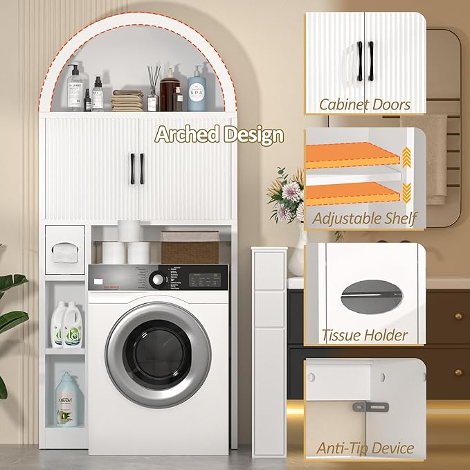 Over The Toilet Storage Cabinet, Bathroom Organizer Over Toilet, Arched Storage Organizer Cabinet with Anti-Tip Device and Adjustable Shelf for Washroom Laundry and Restroom, White