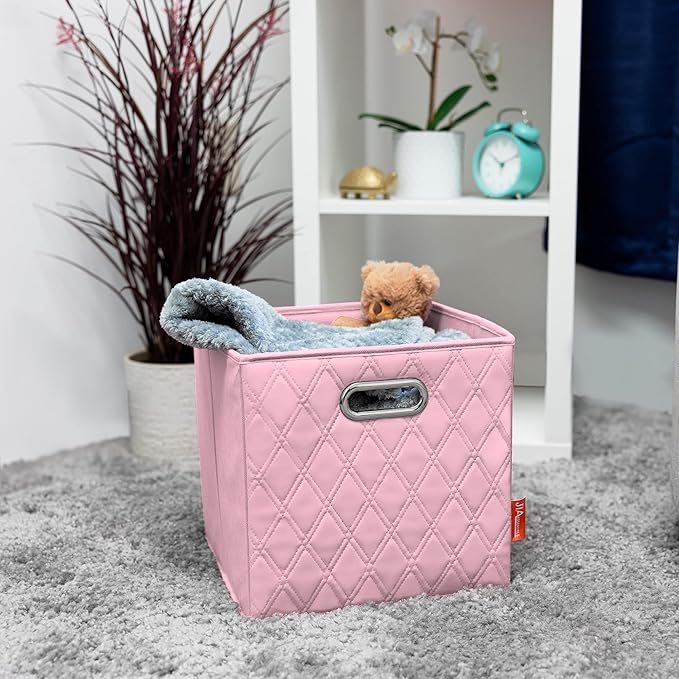 FH Group JIAessentials 12" Faux Leather Foldable Storage Cube Bins Set of 2 – Pink Diamond Patterned Organizers with Handles for Closet & Shelves