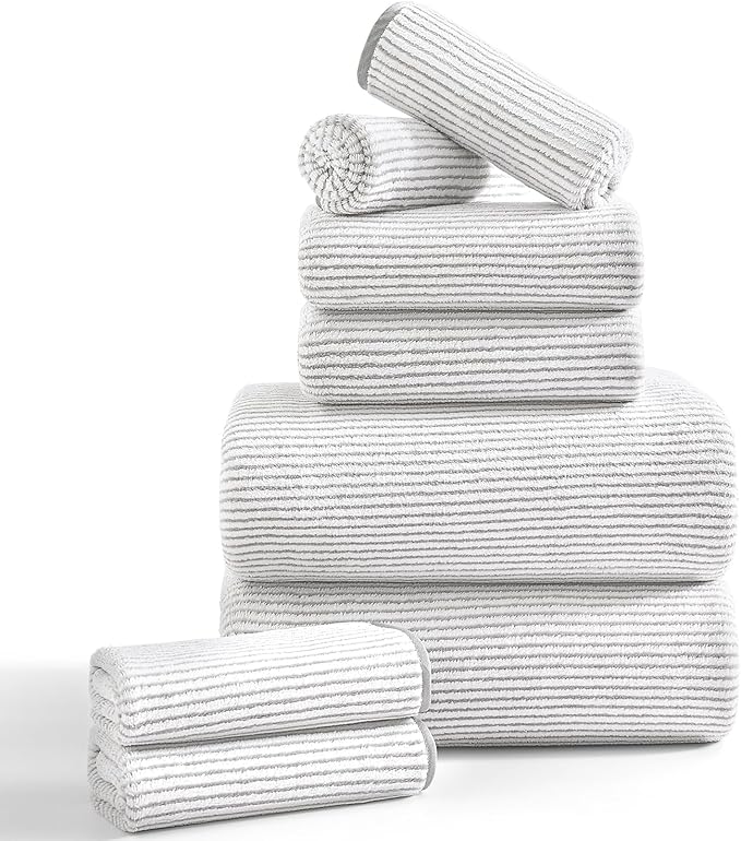 8-Piece Premium Towel Set for Bathroom|2 Oversized Large Bath Sheet,2 Hand Towels,4 Washcloths|Soft Cozy Highly Absorbent Fast Dry Microfiber Shower Towel Set for Hotel Bathroom Essentials,Beige White