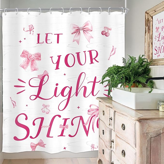 Homewelle Pink Shower Curtain Inspirational Ouotes Girls Bow Funny Cherry Classical English Letter Let You Light Shine 60Wx72H Inch Aesthetic Modern Waterproof Polyester Fabric Bathroom Bathtub