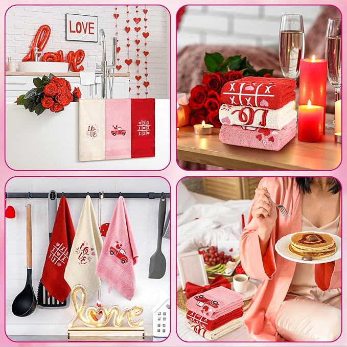 3 Pcs Valentine's Day Hand Towels for Bathroom Love Heart Embroidered Bathroom Towels Valentines Farmhouse 13.78 x 29.53 Inch Absorbent Soft Cotton for Kitchen Dish Fast Drying Decor