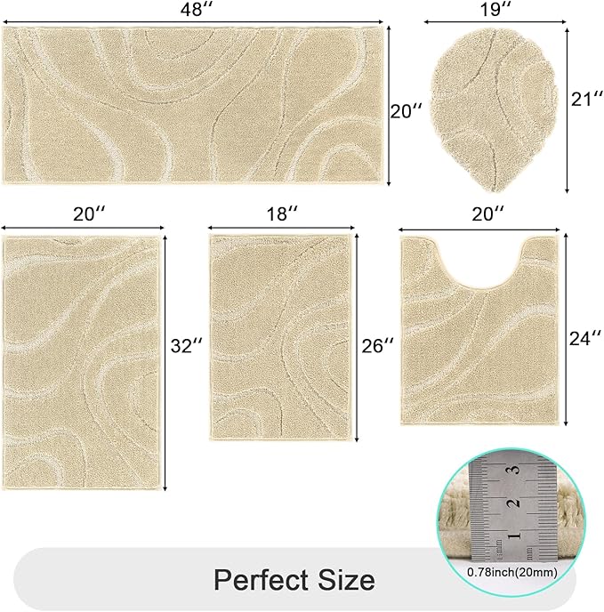 HEBE Bathroom Rugs Sets 5 Piece, Soft Absorbent Microfiber Bath Mat for Bathroom, Non Slip Washable Bath Rug Set with Toilet Cover, Bath Runner and U-Shaped Contour Toilet Rug, Beige