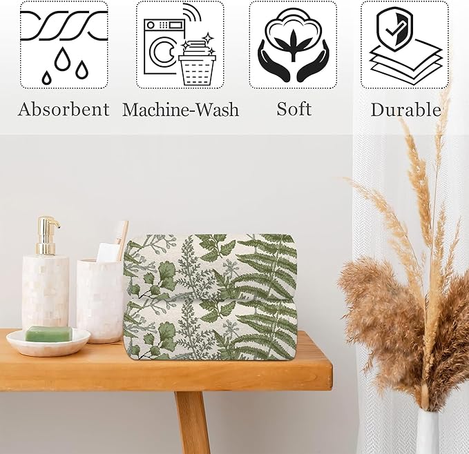 Green Fern Leaves Hand Towel for Bathroom Set of 2,Watercolor Botanical Plant Leaves Bathroom Hand Towel,Soft Absorbent Decorative for Hotel Home Decor