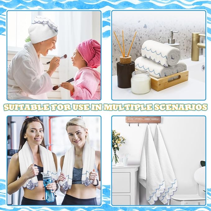 2 Pcs Scalloped Hand Towels 100% Cotton Fingertip Towels for Bathroom 15.75 x 27.56 Inch 600 GSM Cute Soft Absorbent Embroidered Decorative for Home Hotel(Blue,Classic)
