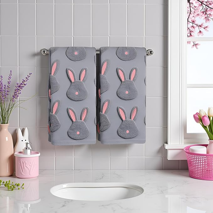 2pcs Easter Bunny Hand Towels Set 100% Cotton Soft Absorbent Spring Bathroom Hand Towels 14x29 Inch Cute Jacquard Easter Kitchen Decor Towels Holiday Kitchen Bathroom Decor Gift(Grey)