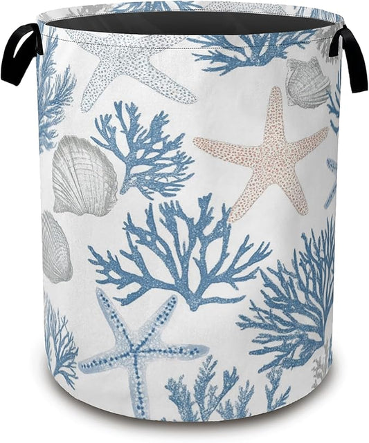 Starfish Seashell Laundry Basket,Coral Collapsible Laundry Baskets with Handles,Waterproof Oxford Cloth Storage Basket 16"x20" for Bathroom/Bedroom/Dormitories