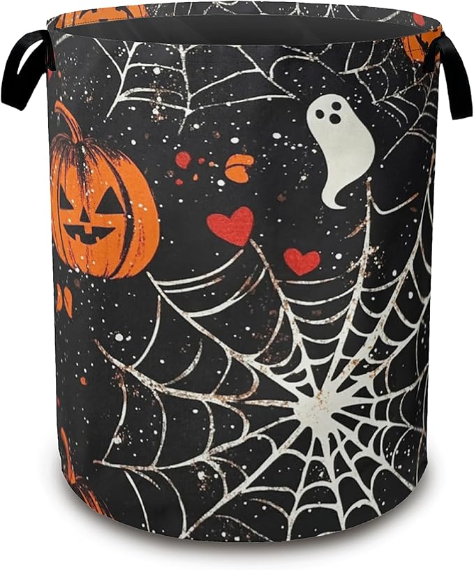 Halloween Laundry Basket Pumpkin Collapsible Hamper with Handles, Bat Spider Web Waterproof Oxford Storage Bin for Bathroom Bedroom Nursery Home Halloween Decor 16"x20"