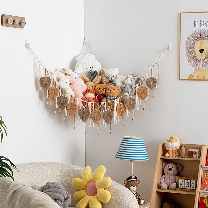 Pretty Jolly Macrame Stuffed Animal Hammock with Beads Hand Woven Leaf Tassels Corner Hanging Net Boho Plush Holder for Kid Room Nursery Deco Organizer for Girls Gift(Milkcoffee & Jute)