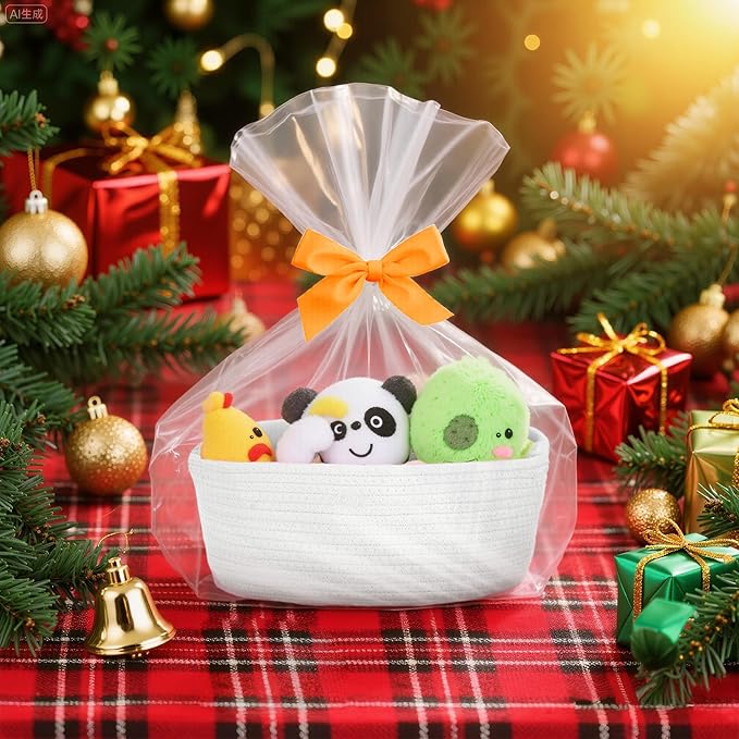 Small Woven Basket with Gift Bags and Ribbons, Durable Baskets for Gifts Empty, Rope Basket for Storage Baby Toy Baskets with Handles, White