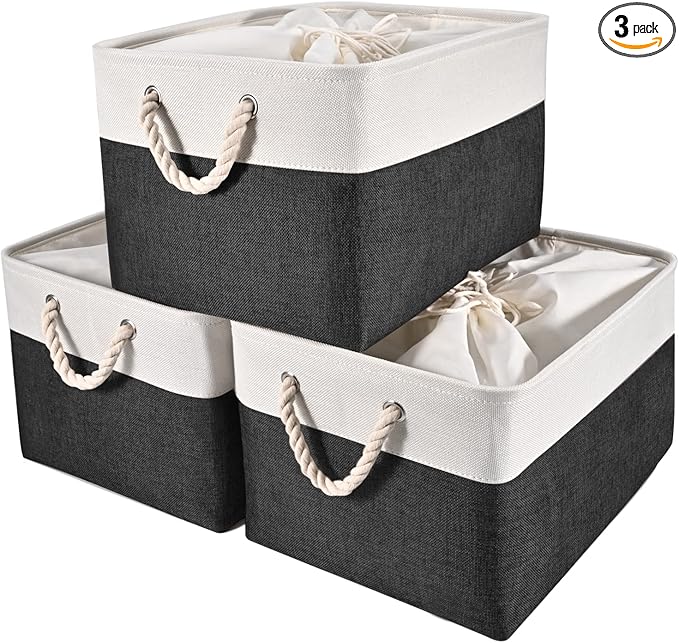 HOdo Home 3PCS Fabric Storage Bin with Drawstring Closure and 2 Bold Handles, Collapsible Large Canvas Storage Baskets for Organizing Shelf Nursery Home (White and Black, 15.8L×11.8W×9.5H)