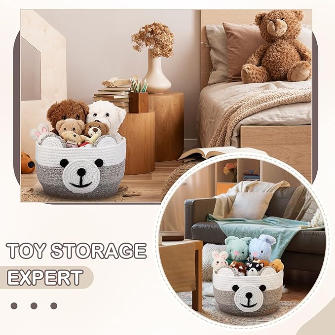 Zopeal Bear Basket 13" D x 9.5" H for Nursery Cotton Rope Woven Cute Storage Basket with Handles Animal Hamper for Baby Shower Laundry Bathroom Home Decorative