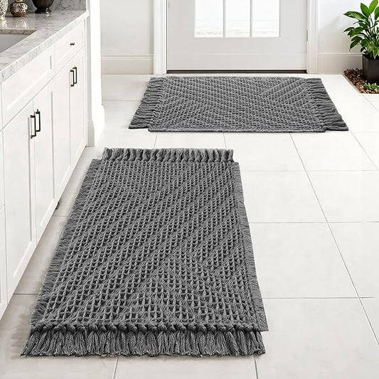 H.VERSAILTEX Waffle Bath Mat Super Absorbent Boho Bath Mat Non Slip Bath Rugs for Bathroom Floor Machine Washable Dry Fast Bathroom Rugs with Tassels (20 x 32 Plus 17 x 24 Inches, Gray)