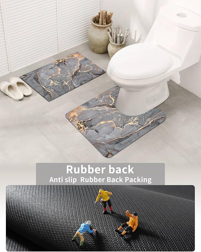 Grey Gold Marble Bathroom Mats Rugs Sets 3 Piece, Abstract Bath Mat Quick Dry Thin Rubber Back Diatomaceous Earth Rugs with U-Shaped Contour Toilet Mat for Bathroom Decor Floor Shower Room