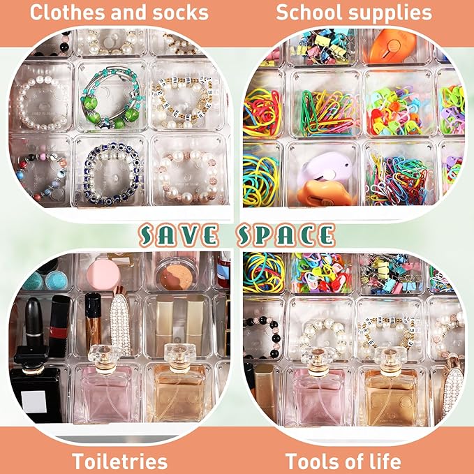 Tioncy 8 Pcs Stackable Clear Drawer Organizer Set 3" x 3" x 2" Small Makeup Vanity Storage Bins Office Desk Drawer Dividers Container Organization for Makeup Vanity Office Bathroom Kitchen Utensil