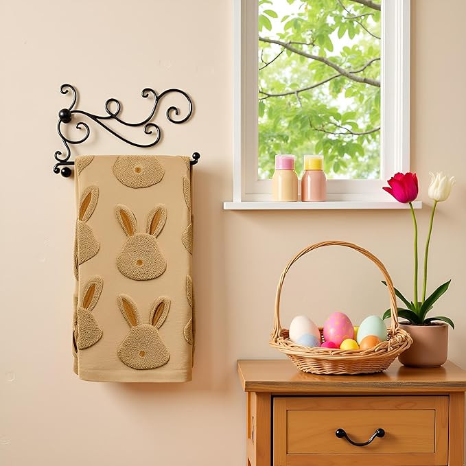 2pcs Easter Bunny Hand Towels Set 100% Cotton Soft Absorbent Spring Bathroom Hand Towels 14x29 Inch Cute Jacquard Easter Kitchen Decor Towels Holiday Kitchen Bathroom Decor Gift(Brown)