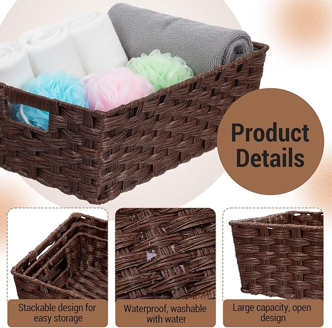 Set of 3 Large Wicker Storage Baskets for Shelves, Wicker Basket for Organizing, Waterproof Woven Baskets for Shelves and Pantry, Toilet, Bathroom, Bedroom, Patio(Brown)