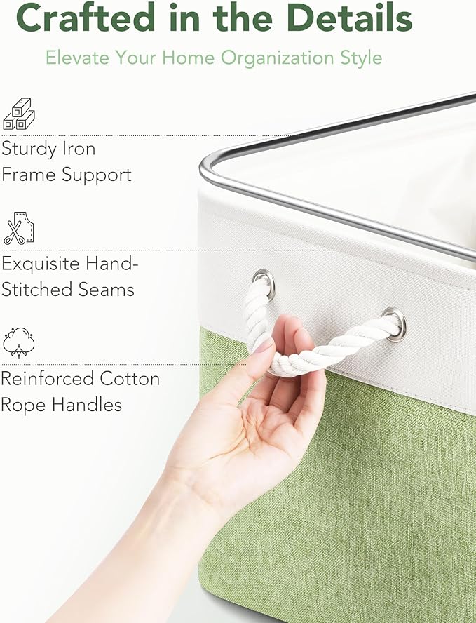 13x15x13 Storage Cube Bins, Heavy Duty Foldable Fabric Storage Bins with Handles and Metal Frame, 6 Pack Large Closet Organizer Bins for Clothes, Socks, Towels, White Green