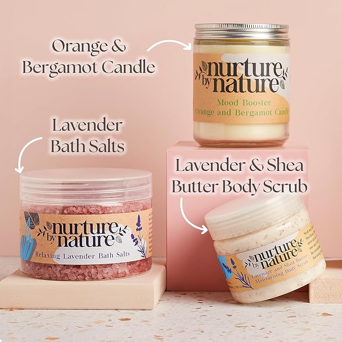 NURTURE BY NATURE Self Care Gift Set for Women – 6 Piece Relaxing Bath & Body Spa Gift Basket with Bath Bomb, Hand Cream & Scented Candle – Self Care Gifts for Valentine’s Day & Mother’s Day Gift