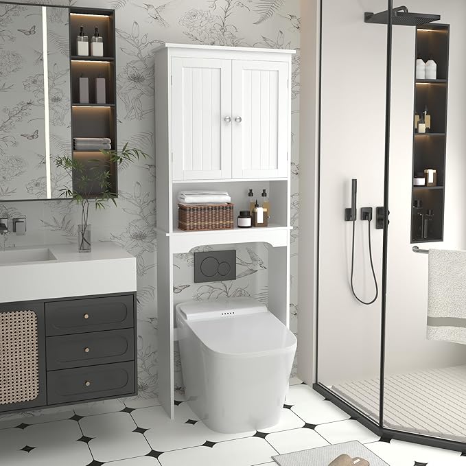 Over The Toilet Storage Cabinet, Bathroom Shelf Over Toilet, Bathroom Organizer and Storage Cabinet,Over Toilet Bathroom Organizer with 2 Doors, Paper Holder and Racks, Bathroom Decor (White-01)